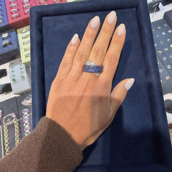 3.72 Carat Blue Sapphire & Diamond Pave 18K Crossover Band Ring