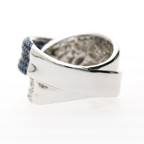 3.72 Carat Blue Sapphire & Diamond Pave 18K Crossover Band Ring