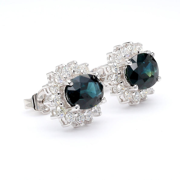 3.75 Carat Oval Blue Sapphire & 0.83 Carat Diamond Halo 18K White Gold Earrings