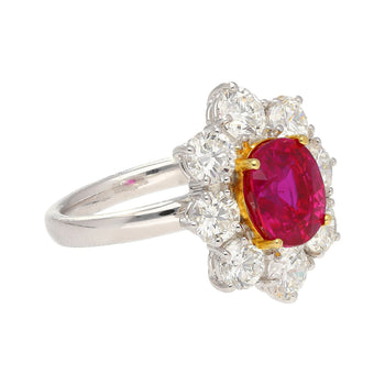3.80 Carat Oval Cut No Heat Burma Ruby Ring With Round Diamond Halo in Platinum – Assay Jewelers