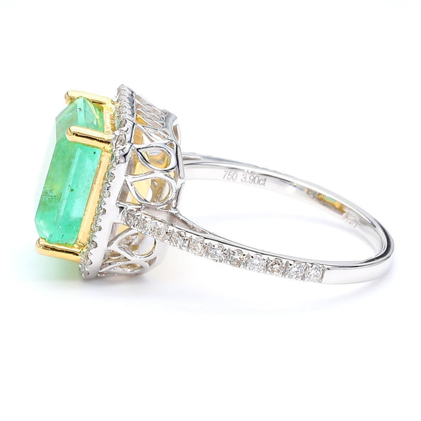 3.90 Carat Emerald & Diamond Halo Pavé Shank 18K White Gold Ring