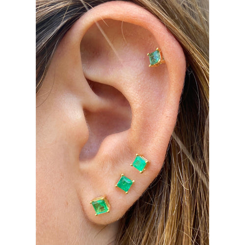 3mm-4mm Colombian Emerald Square-Cut Stud Earrings in 18k Gold