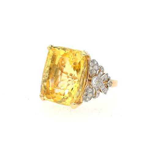 47.10 Carat No-Heat Yellow Sapphire & Old Euro Diamond Vintage Ring
