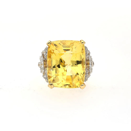 47.10 Carat No-Heat Yellow Sapphire & Old Euro Diamond Vintage Ring