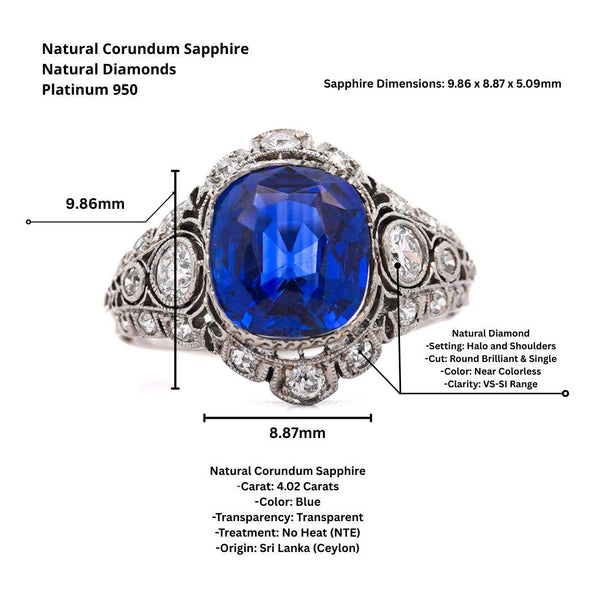 4.02 Carat No Heat Ceylon Sapphire In Platinum Art Deco Ring
