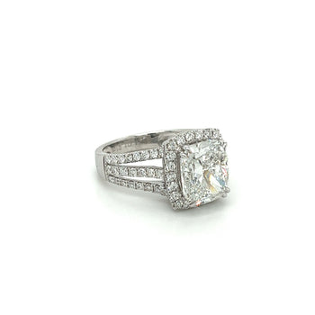 4.44 Carat F/VVS2 Cushion Cut Lab Grown Diamond in 3 Row Split Shank Diamond Halo Ring – Assay Jewelers