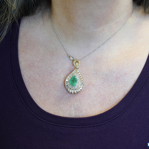 4.5 Carat Pear Cut Colombian Emerald & Diamond 18K Pendant Necklace