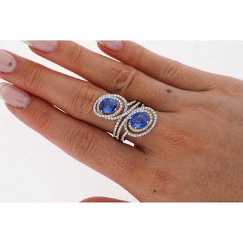 4.51 Carat Oval Blue Sapphire & Diamond Two Stone Vertical Pave Swirl Ring – Assay Jewelers