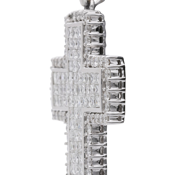 4.52 Carat Princess & Round Diamond 18K White Gold Pave Cross Pendant Necklace