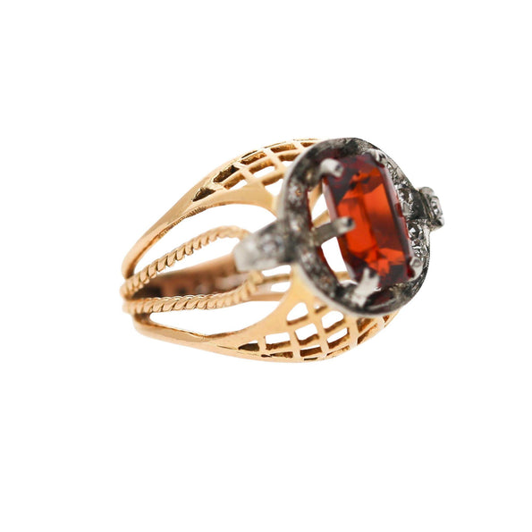 4.65 Carat Spessartine Garnet Diamond Lattice Wide Band 18K Two Tone Gold Ring
