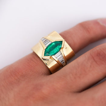 5 Carat Marquise Emerald & Baguette Diamond Channel 18K Gold Vintage Ring – Assay Jewelers