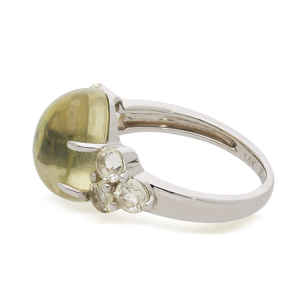 5 Carat Oval Cabochon Moonstone & Round Aquamarine 14K White Gold Cocktail Ring