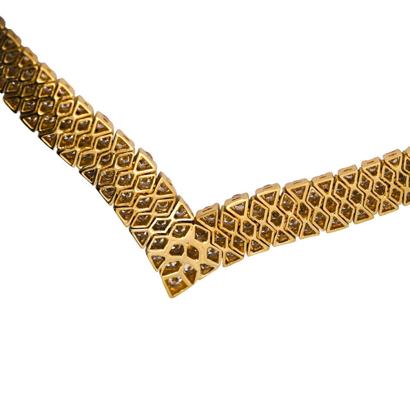 50 Carat Round Brilliant Diamond in 18K Yellow Gold Three Row V Shape Necklace