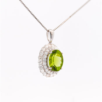 5.03 Carat Oval Cut Peridot Pendant with Round Cut Diamond Halo in 18K White Gold – Assay Jewelers