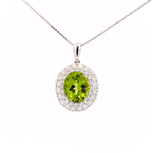 5.03 Carat Oval Cut Peridot Pendant with Round Cut Diamond Halo in 18K White Gold