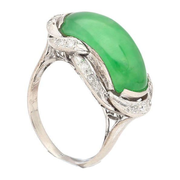 5.29 Carat Type A Jade & Diamond in Ornate Saddle-Top 18K White Gold Ring
