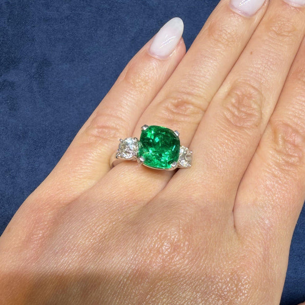 5.41 Carat Vivid Green Colombian Muzo Emerald & Old Euro Diamond 3 Stone Ring