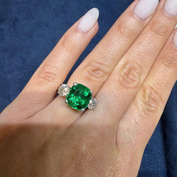 5.41 Carat Vivid Green Colombian Muzo Emerald & Old Euro Diamond 3 Stone Ring