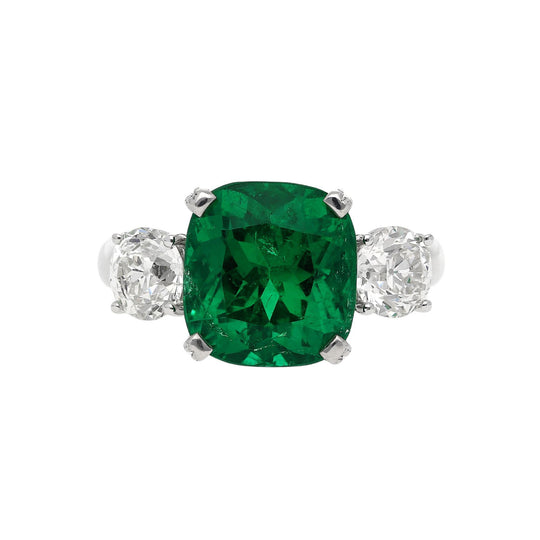5.41 Carat Vivid Green Colombian Muzo Emerald & Old Euro Diamond 3 Stone Ring