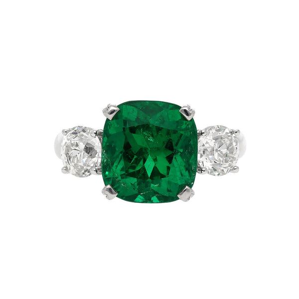 5.41 Carat Vivid Green Colombian Muzo Emerald & Old Euro Diamond 3 Stone Ring