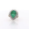 5.75 Carat Pear Cut Colombian Emerald Diamond Halo 18K Gold Emerald Ring