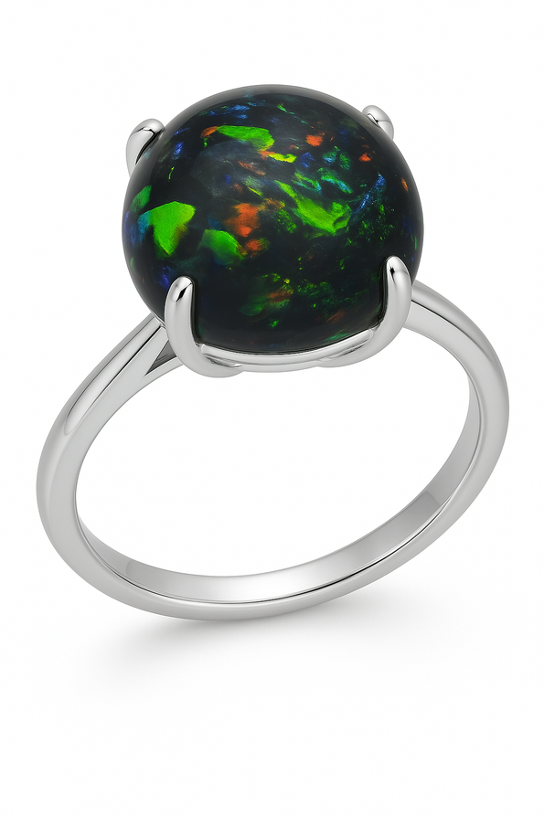 6 Carat Australian Black Opal in a 4-Prong White Gold Mounting