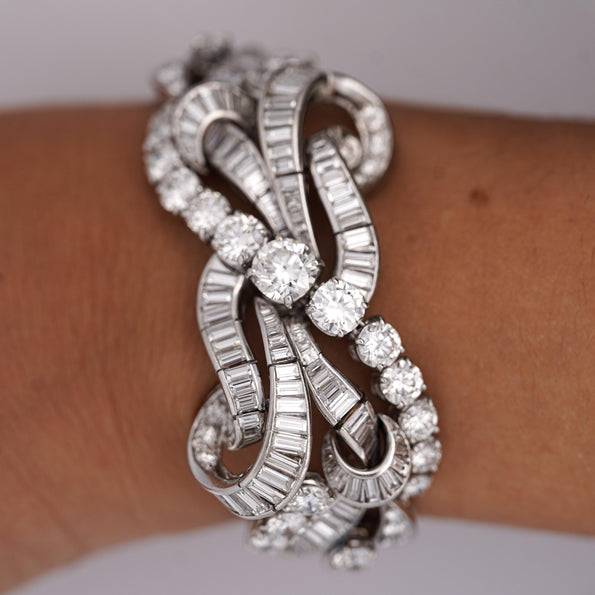 60 Carat Baguette & Round Cut Diamond in Platinum Retro Scroll Design Bracelet
