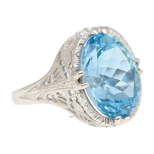 6.22 Carat Oval Aquamarine in Engraved 14K White Gold Edwardian Filigree Ring