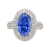 6,34 Karat No Heat Ovalschliff Blauer Saphir und Diamant Halo 18K Ring GRS Zertifiziert