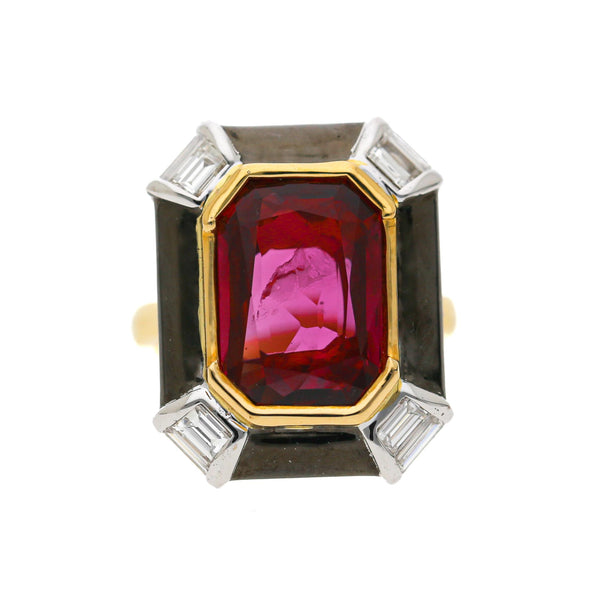 6.94 Carat Emerald Cut Ruby & Diamond 18K Black Bezel Gold Ring
