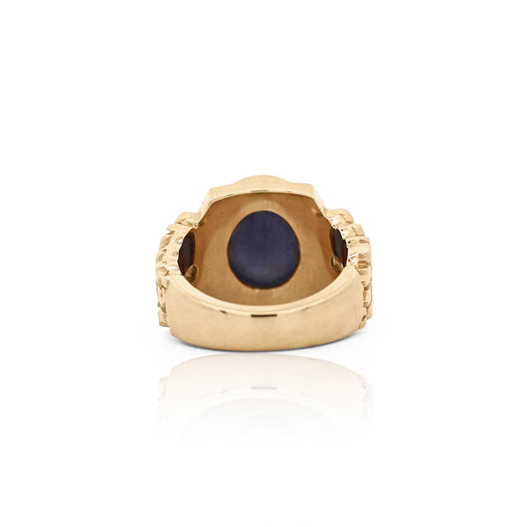 7 Carat Blue Star Sapphire Cabochon & Diamond 14K Gold Nugget Mens Ring