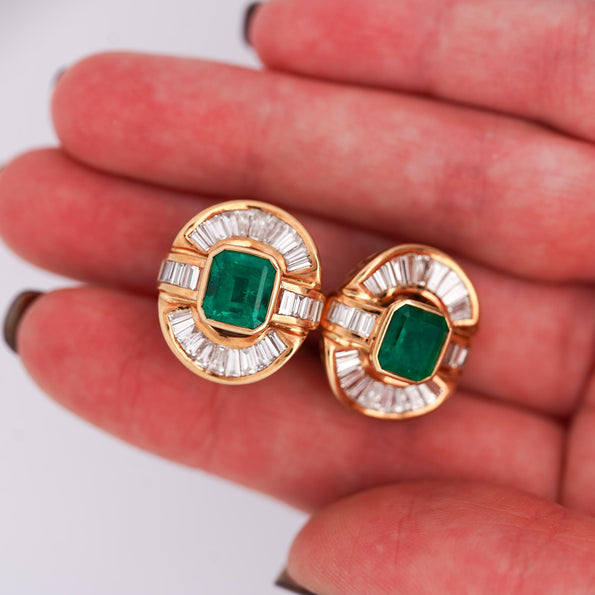 7 Carat Emerald & Baguette Diamond 18K Gold Ballerina Statement Earrings