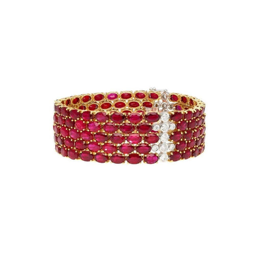 72.51 Carat Natural Oval Cut Ruby 5-Row Multi Link Tennis Bracelet in 18K Gold