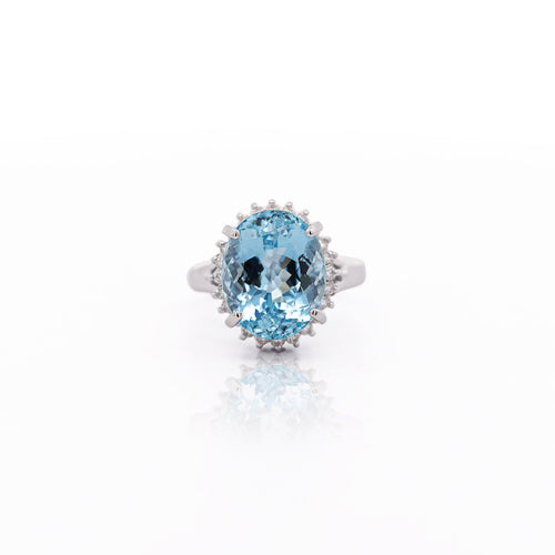 7.15 Carat Oval Aquamarine & Diamond Floral Filigree Platinum Ring
