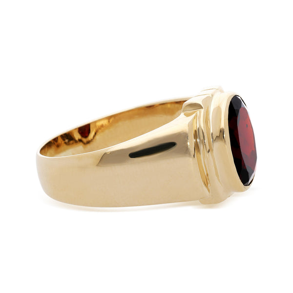 7.50 Carat Oval Checkerboard Red Garnet Bezel 14K Yellow Gold Mens Signet Ring