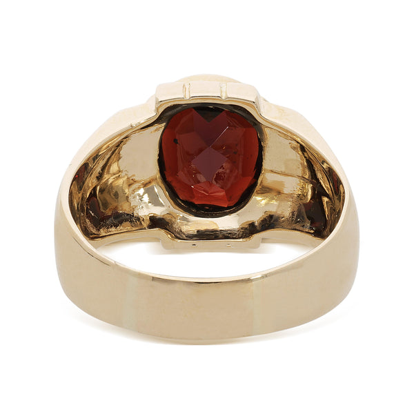 7.50 Carat Oval Checkerboard Red Garnet Bezel 14K Yellow Gold Mens Signet Ring