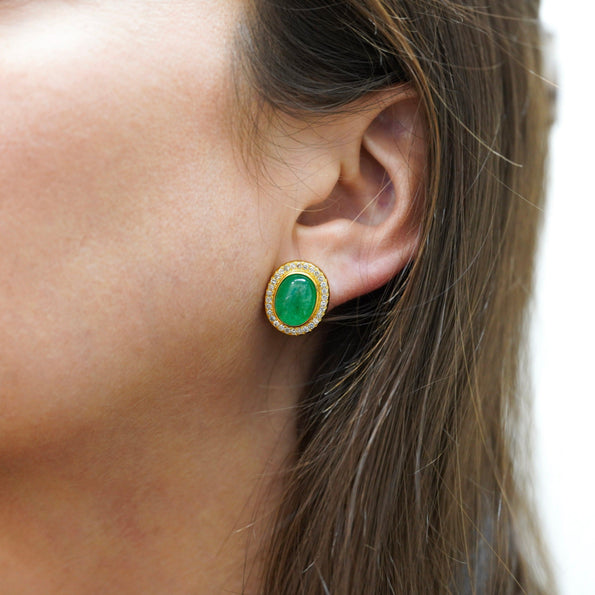 8.47 Carat Cabochon Emerald and Diamond Halo Earrings in 18K Gold