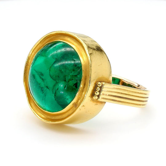 AGL Cert. 10ct Colombian Emerald Cabochon Bezel Gold Egyptian Revival Ring