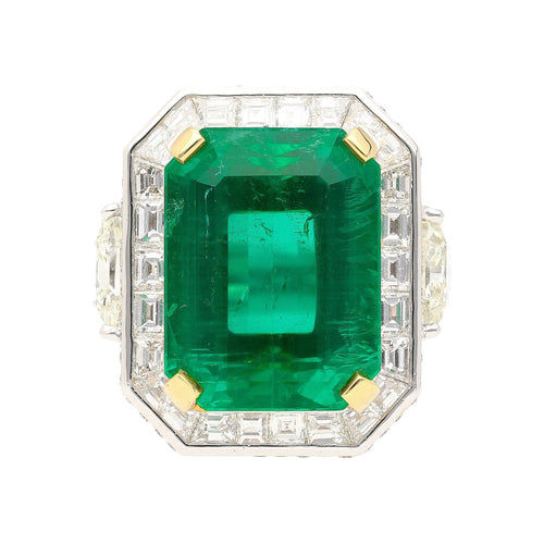 AGL Certified 15.78 Carat No Oil Emerald and Half Moon Cut Diamond Ring