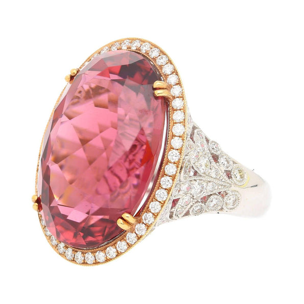 Bague en tourmaline rose violacé de 28,29 carats, sans traitement thermique, avec diamants, certifiée AGL