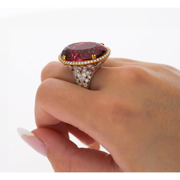 Bague AGL certifiée 28.29 carats tourmaline rose violacé sans traitement thermique et diamant