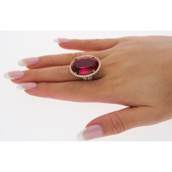Bague AGL certifiée, tourmaline rose violacé de 28,29 carats sans chauffage et diamants