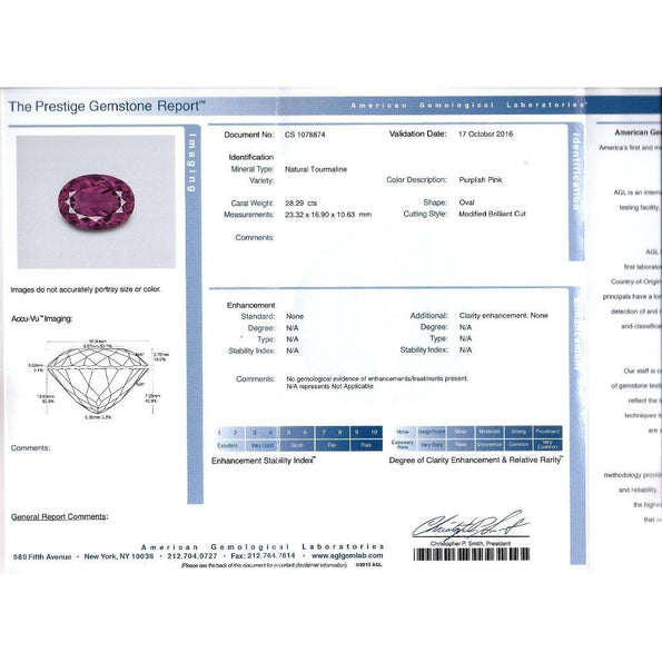 Bague en tourmaline rose violacé et diamant, certifiée AGL, 28.29 carats, sans chauffe