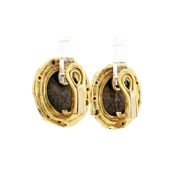 Ancient Greek Coin & Round Cut Diamond Bezel Set in 22K Yellow Gold Earrings