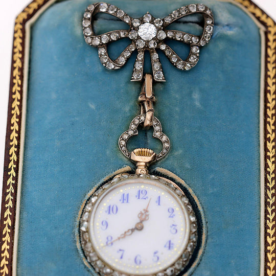 Antique Maison Aucoc Paris Diamond Guilloché Enamel 18K Lapel Bow Brooch Watch