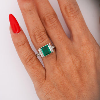 Art Deco 1.58 Carat No Oil Colombian Emerald & Diamond 3 Stone Platinum Ring – Assay Jewelers