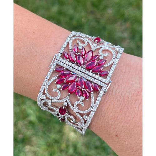 Art Deco 35 Carat Ruby & 11 Carat Diamond Filigree Floral Motif Bracelet in 18K White Gold