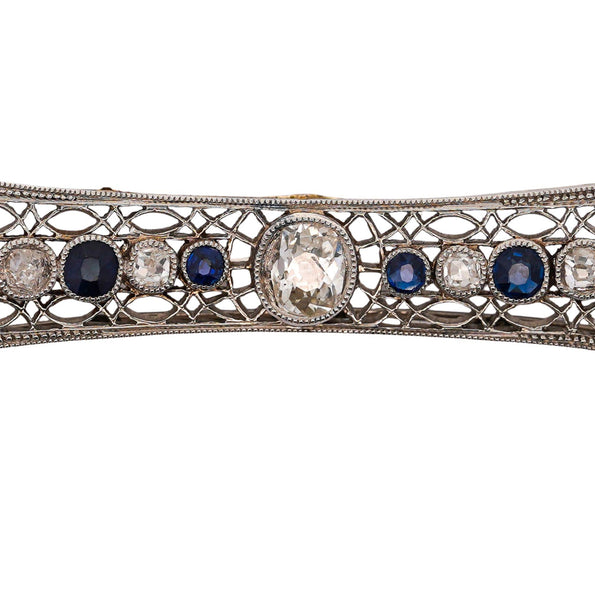 Art Deco 4 Carat Old European Cut Diamond & Sapphire 18K White Gold Pin Brooch