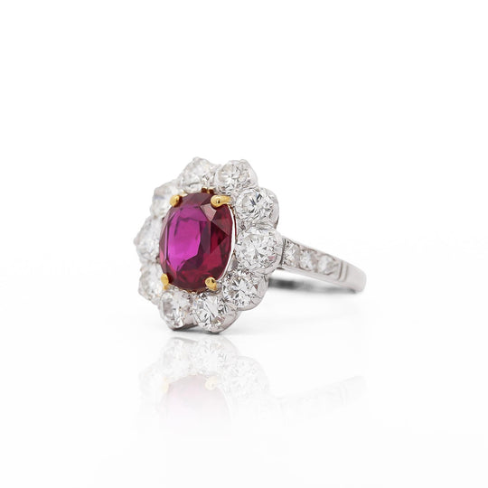 Art Deco 4.05 Carat Ruby and Old Euro Diamond Halo Platinum Ring - AGL Certified