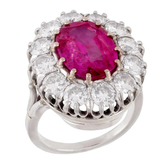 Art Deco AGL Certified No Heat 5.52 Carat Oval Cut Burma Ruby and Round Diamond Halo Ring